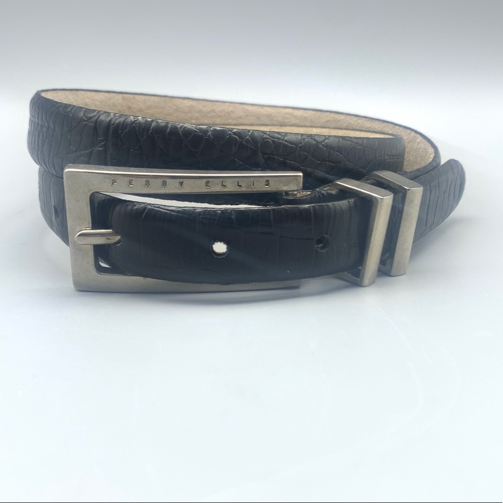Perry Ellis Black Boys Belt M Genuine Leather Cowhide Texture Silver Buckle